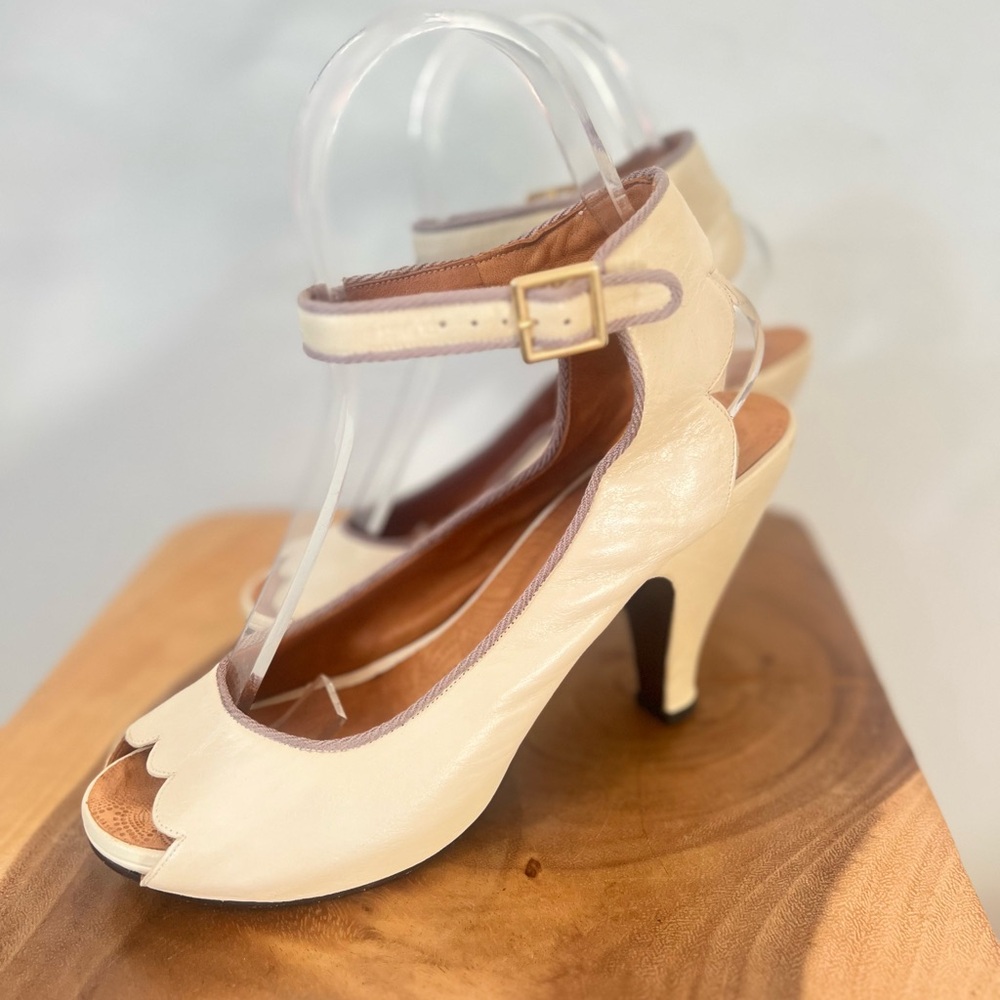 CHIE MIHARA “Bessy” Ivory Cream Platform Ankle Strap Peep Toe High Heels 38.5 - Picture 11 of 16